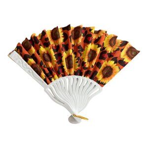 Sunflower & Cheetah Print Folding Hand Fan – Red/Orange